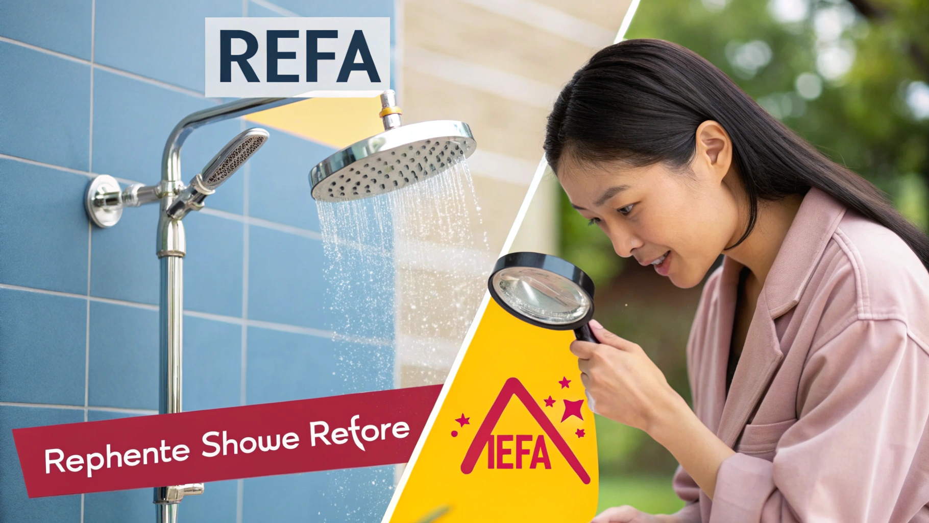 REFAのシャワーから勢いよく泡立つ水流が噴き出しそれを拡大鏡で注視する女性