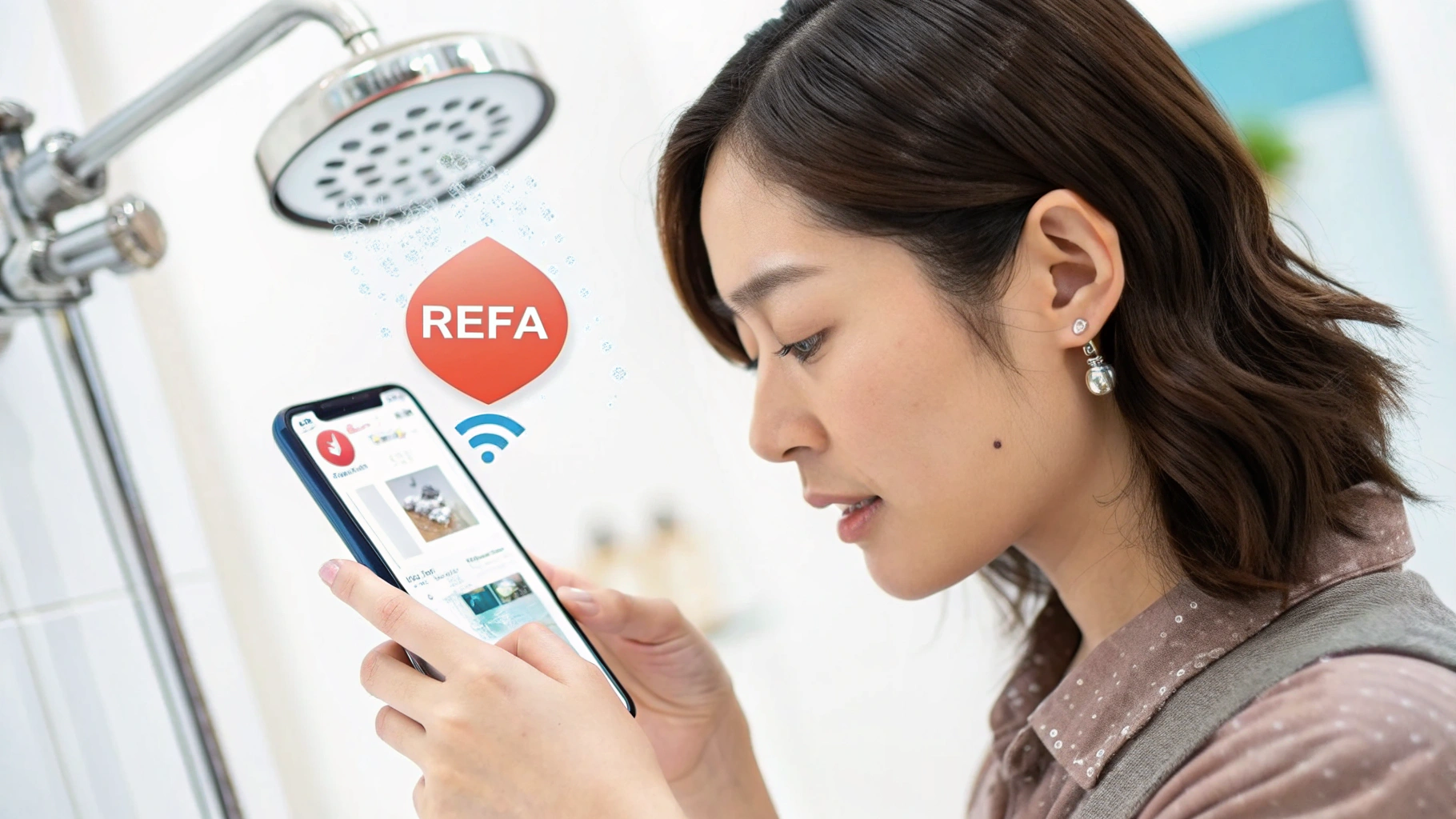 ReFaシャワーヘッドをスマホアプリで操作する女性