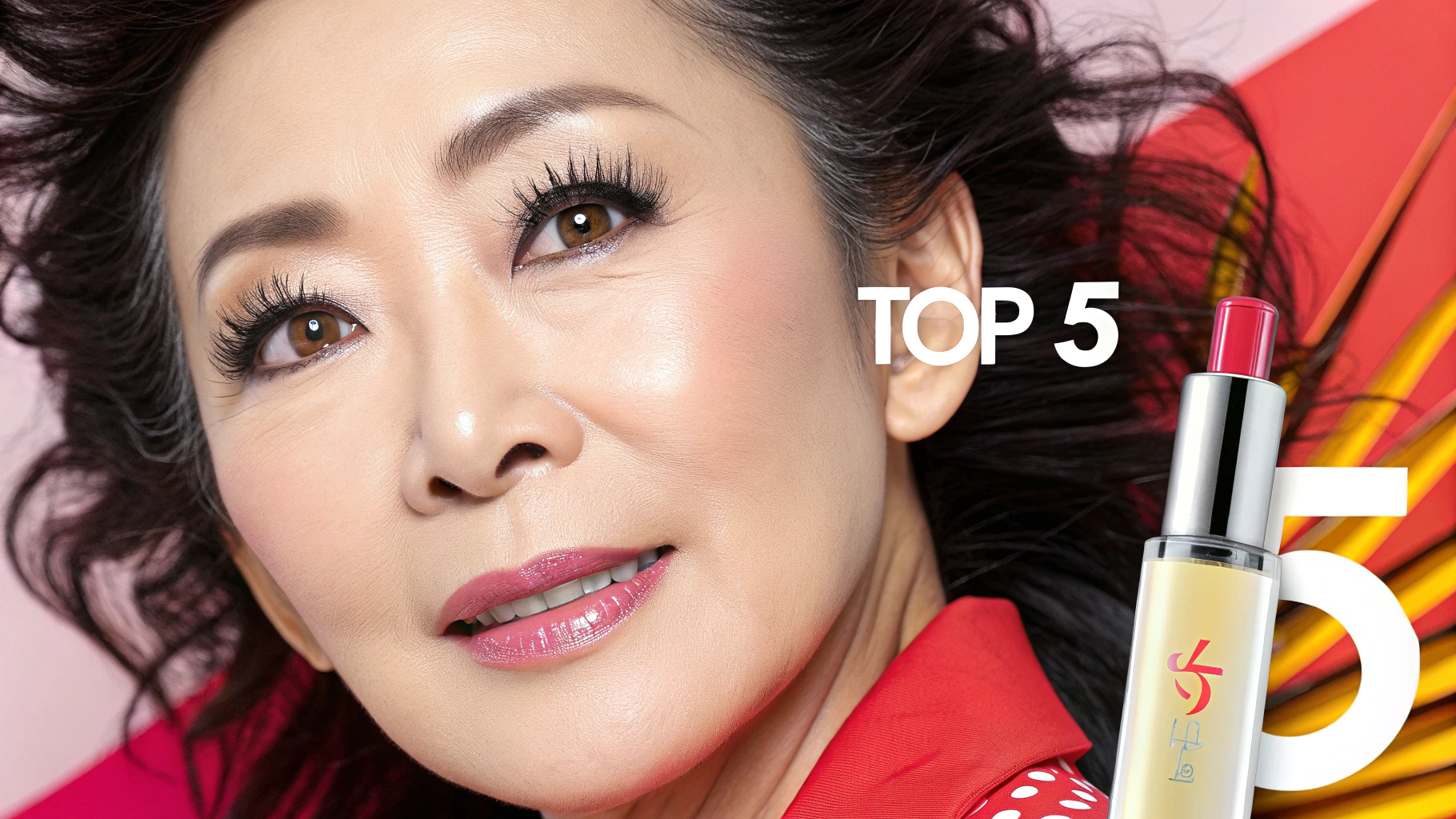 笑顔で化粧をした女性とSKロゴ入り赤いリップ型化粧品 TOP 5