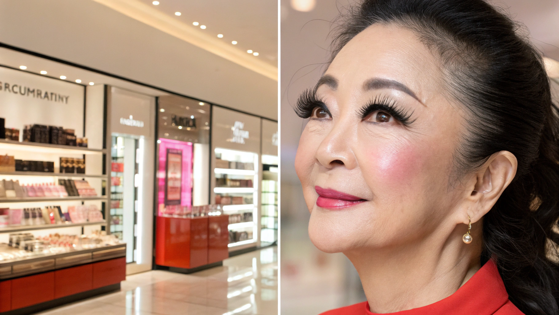 高級化粧品店の陳列棚と赤い口紅とつけまつげの女性のアップ