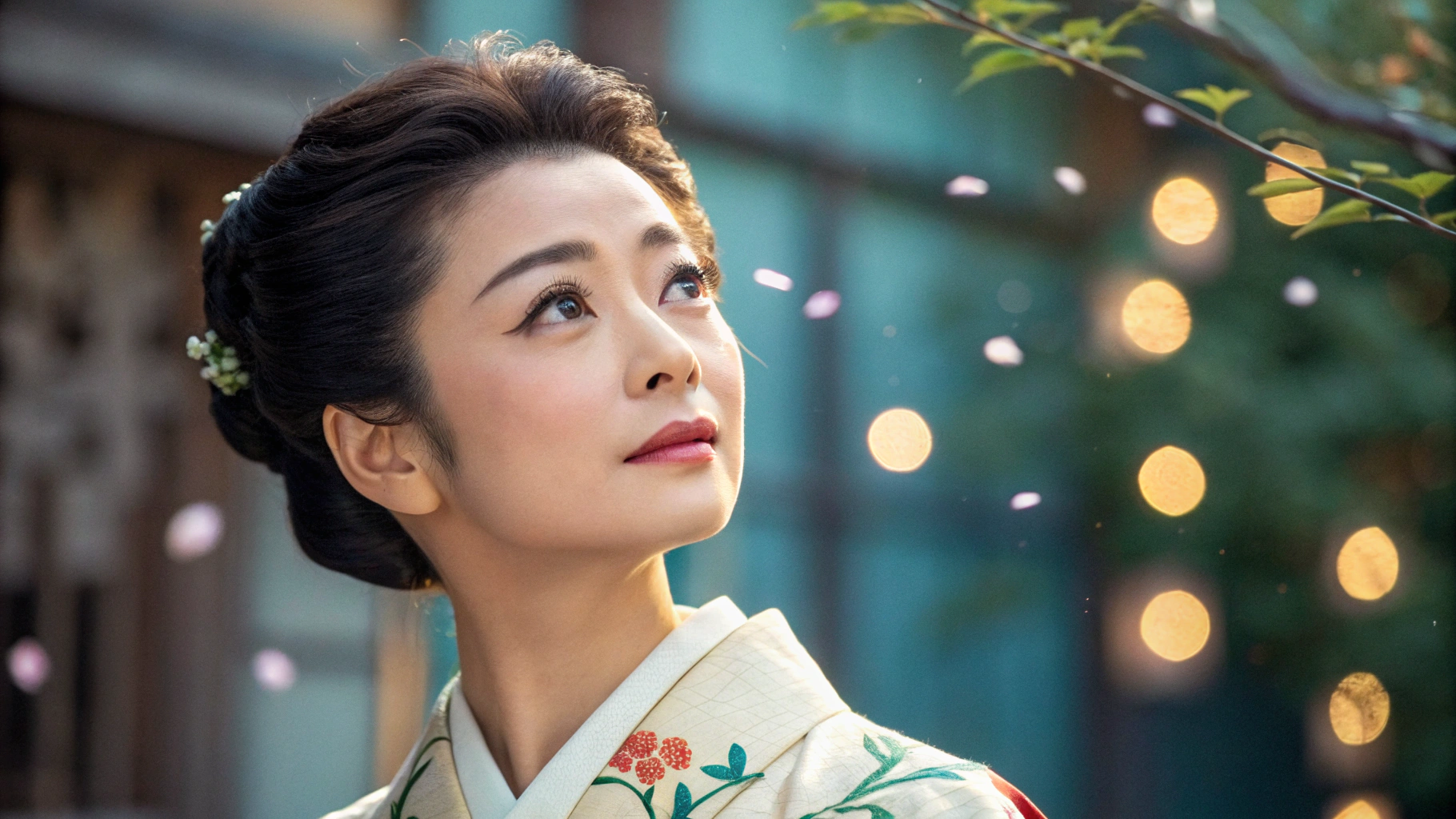 着物を着た女性が穏やかに上を見上げる舞い散る花びらと木漏れ日