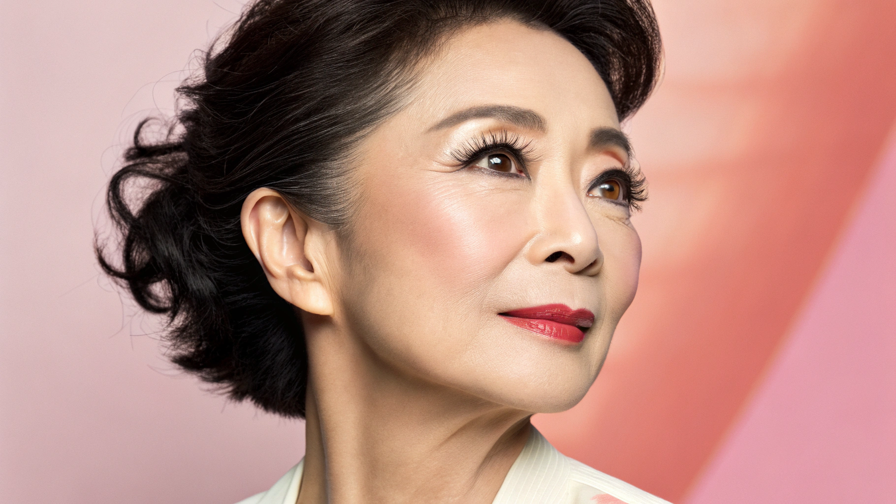 上を見つめる成熟した日本人女性の横顔 赤い口紅と濃いまつ毛 黒い髪 ピンクの背景