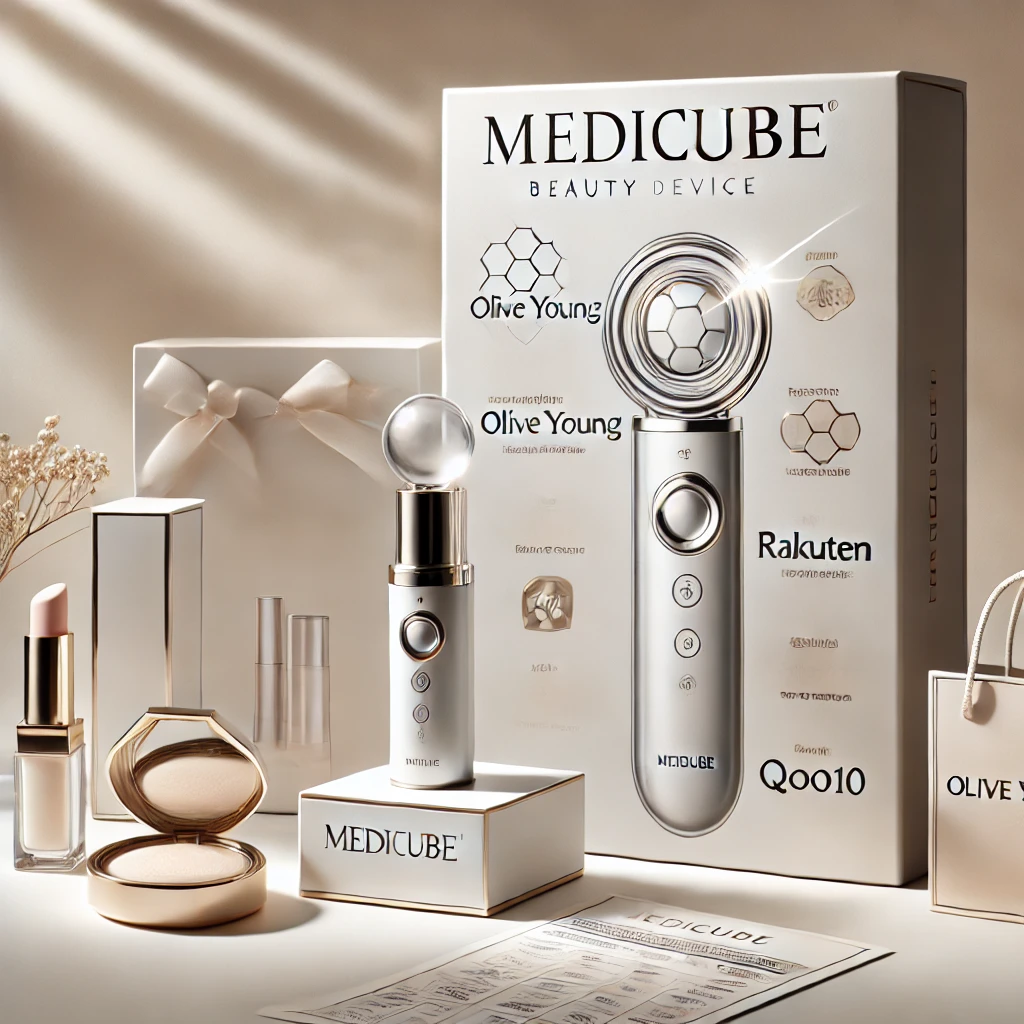 MEDICUBEの大小2つの美容機器と化粧品プレゼントボックスが並んだ上品な写真